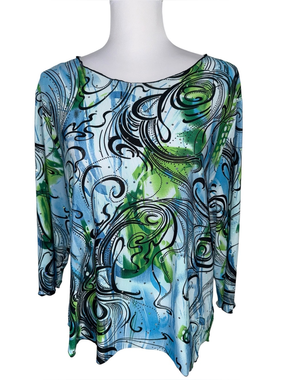 VTG All Hours Blue Green Abstract Swirl Blouse Sparkly 3/4‎ Sleeve Large Y2K